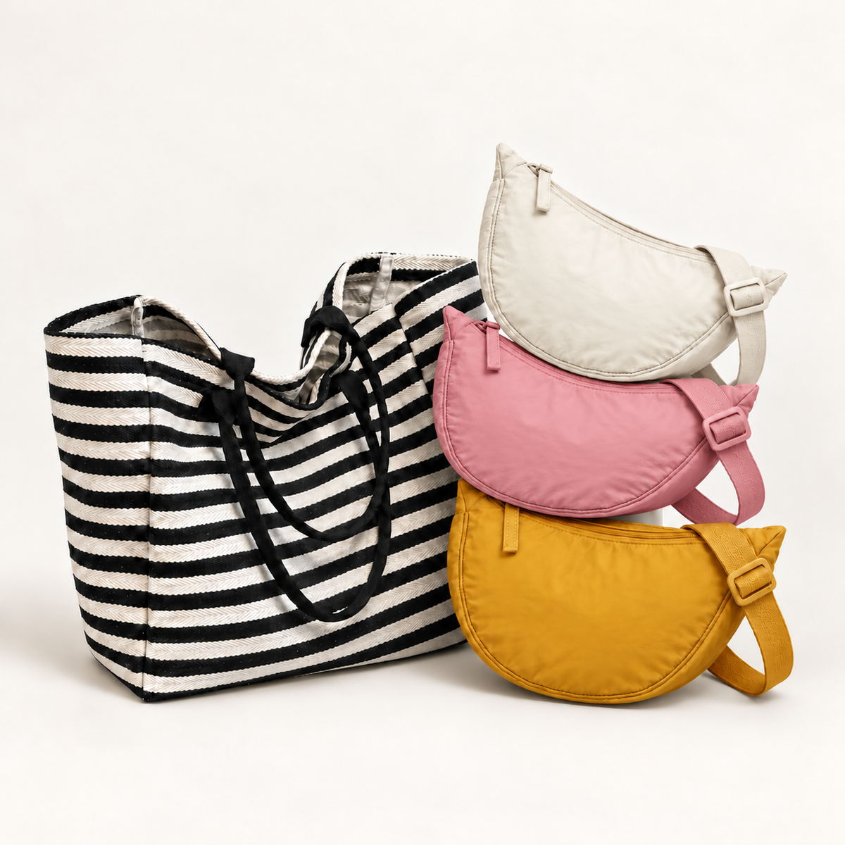 Example mix-and-match combination: blue, green and beige Charlie bags with a striped Huckleberry tote. Bags sold separately.
