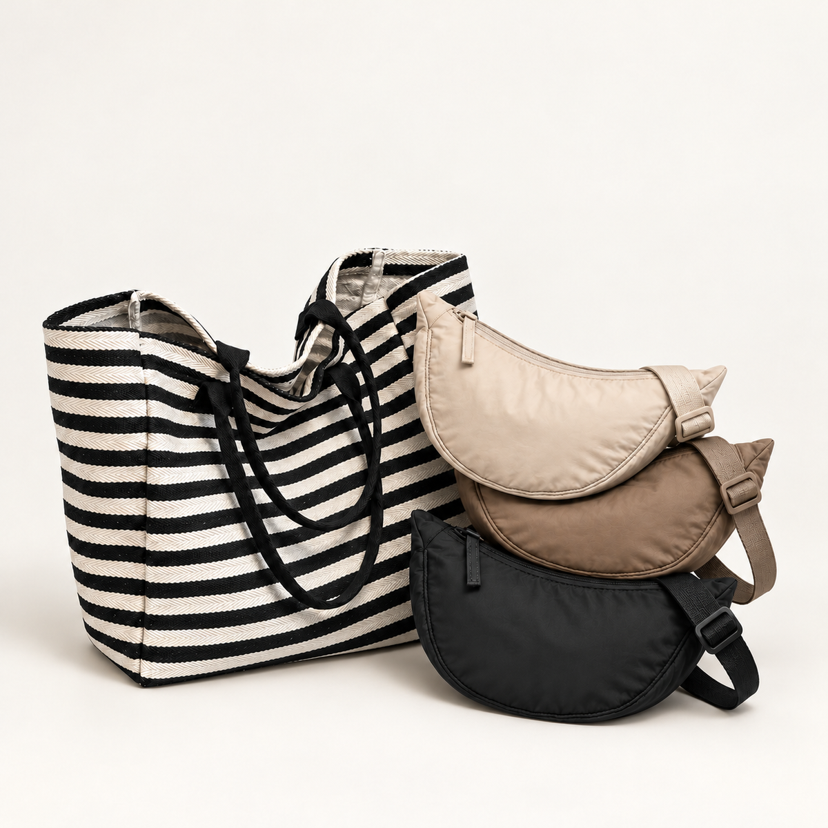 Example mix-and-match combination: cream, taupe and black Charlie bags with a striped Huckleberry tote. Bags sold separately.