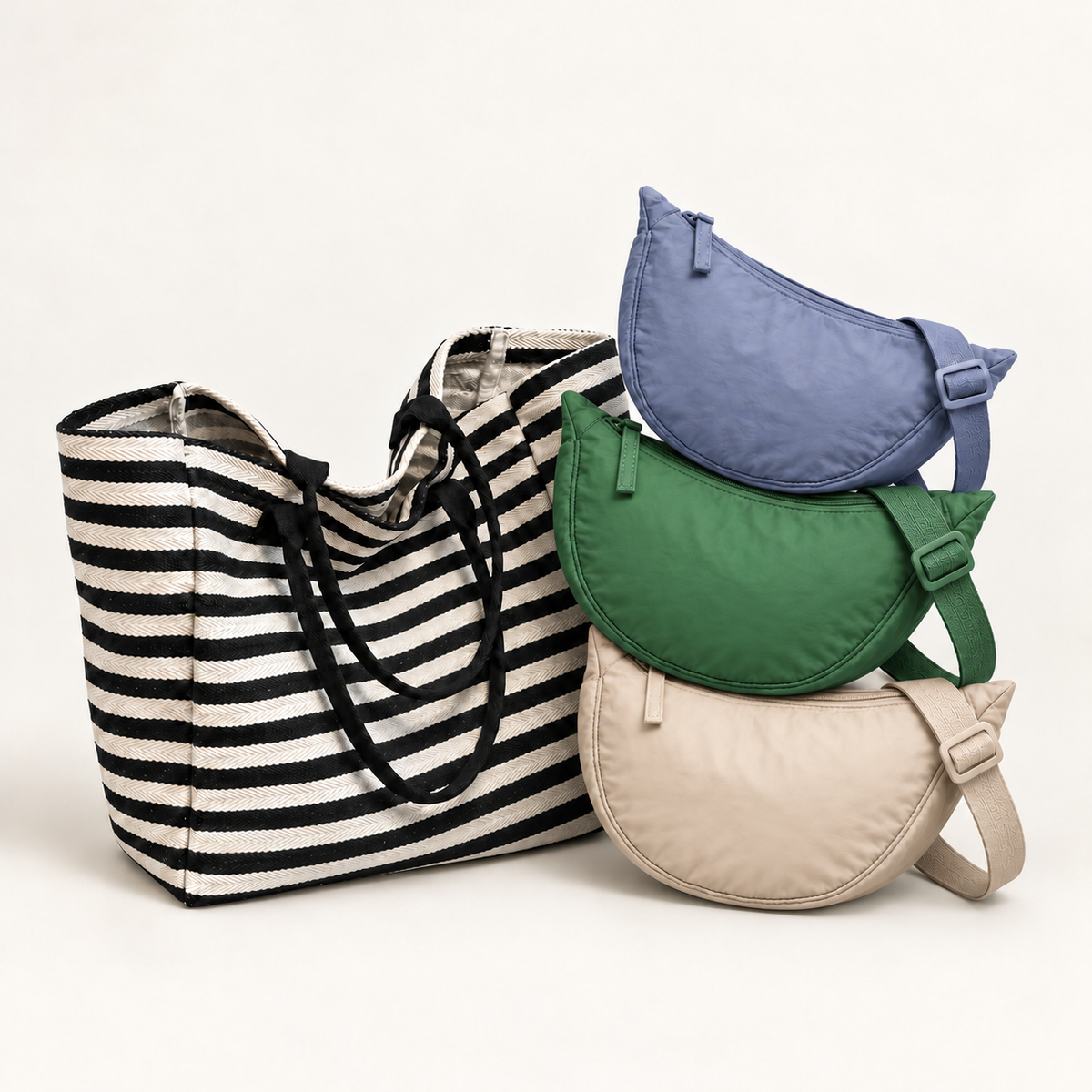 Example mix-and-match combination: orange, pink and taupe Charlie bags with a striped Huckleberry tote. Bags sold separately.